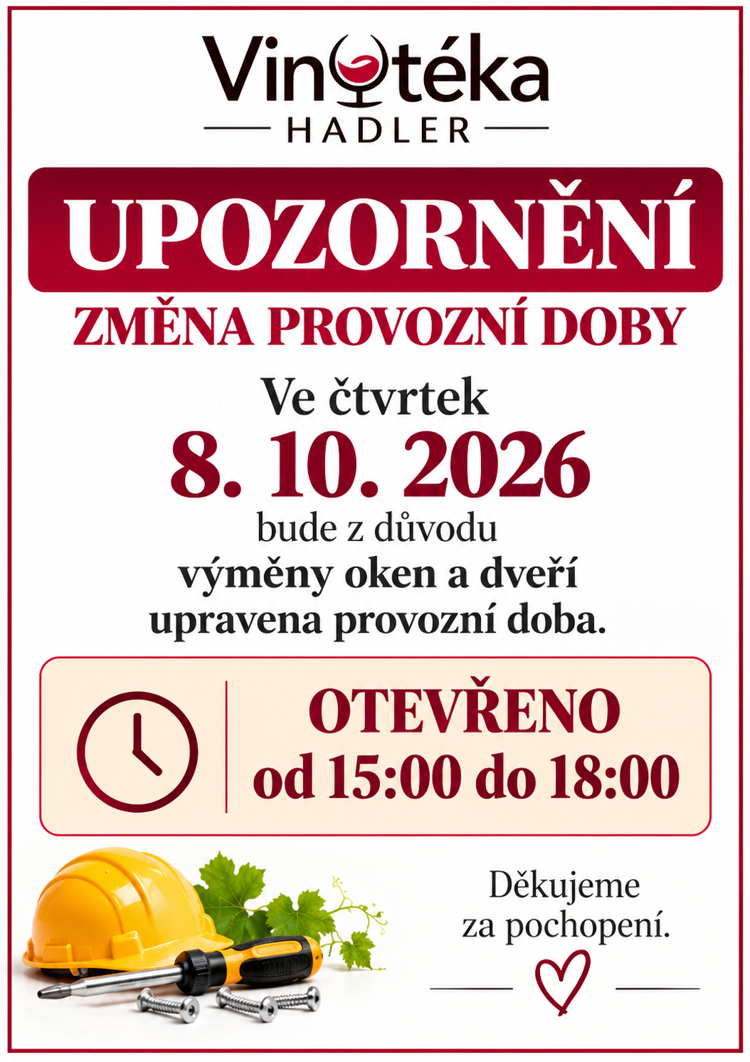 Upozornění – změna provozní doby 8. 10. 2026